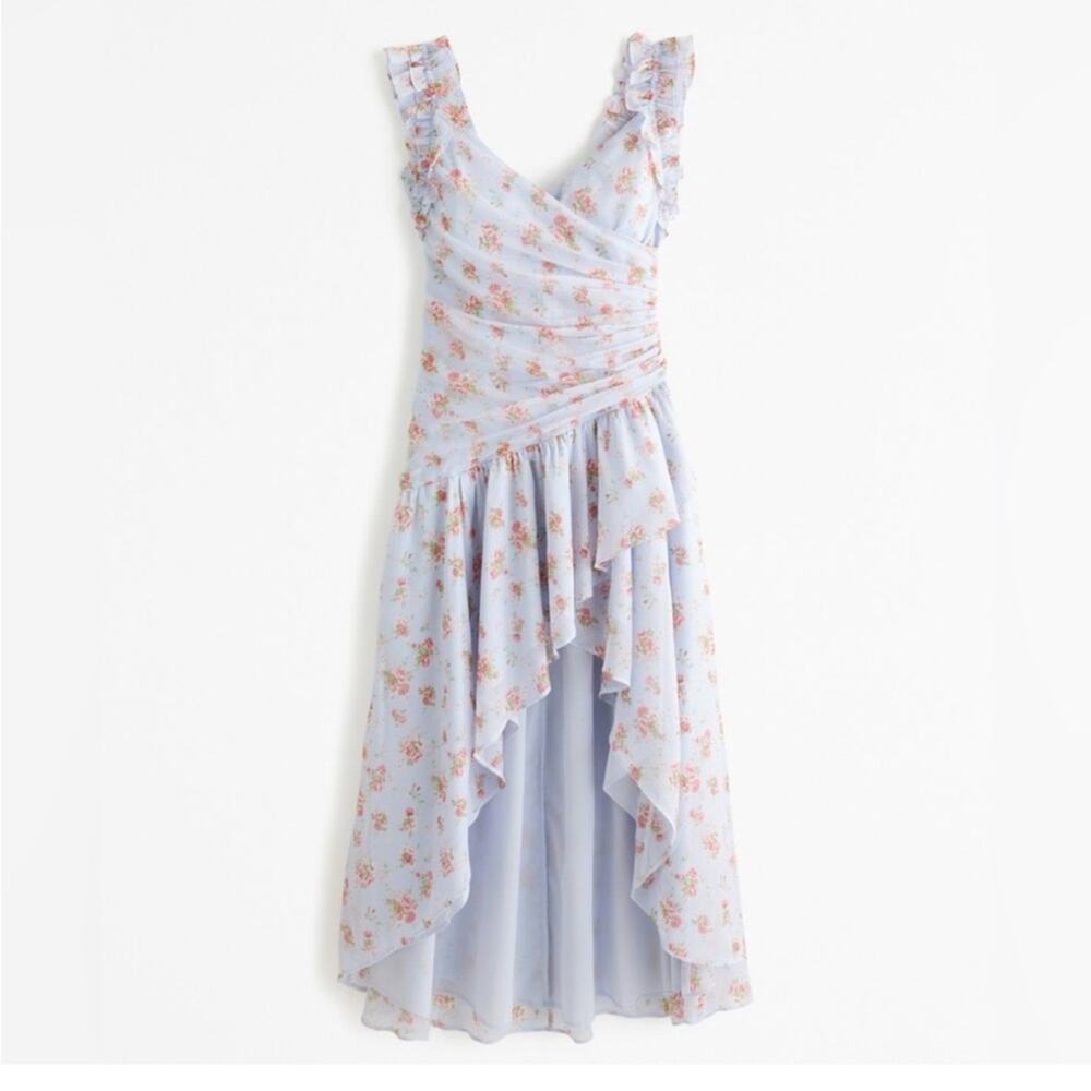 Abercrombie & Fitch Blue Ruffle Strap High Low Maxi Dress Floral NWT size Large